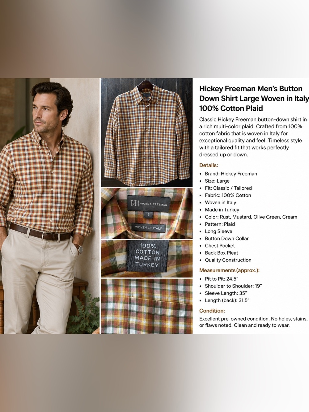 Hickey Freeman Multi-Color Plaid Button-Down Shirt in Rust, Mustard & Olive